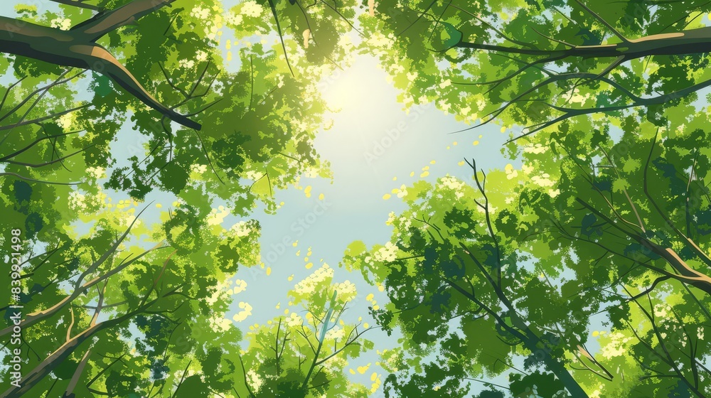 Tree canopy, with a view looking up into a dense forest canopy, sunlight filtering through the leaves Tree canopy, with a view looking up into a dense forest canopy, sunlight filtering through the leaves