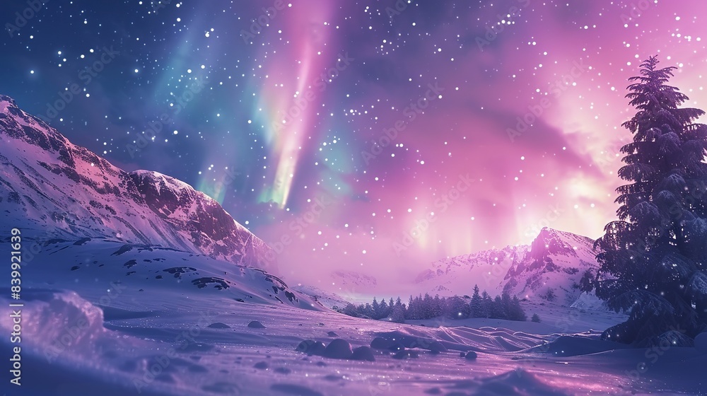 Fototapeta premium Vertical aurora photos on a snowy background, starry sky, pink and light pink styles, dreamy dreams, pink and light white, high-definition, charming, realistic and romantic