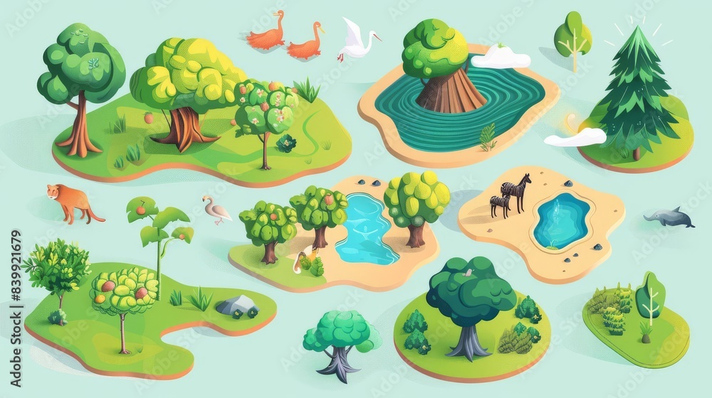 Naklejka premium Diverse ecosystems, with illustrations of forests, oceans, deserts, and grasslands, showcasing the variety of habitats and wildlife