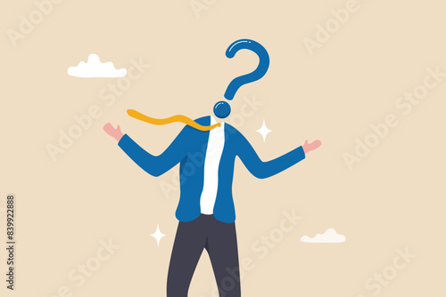 Anonymous businessman person, candidate or mention employee, who is this man, uncertainty, important person or unknown concept, anonymous businessman with question mark head unknown person. © Nuthawut
