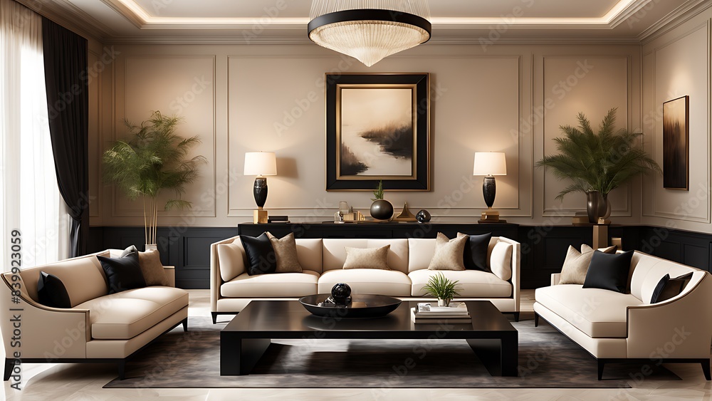 Premium living room with chair black table taupe beige walls and ivory interior. Premium living room with chair black table taupe beige walls and ivory interior.