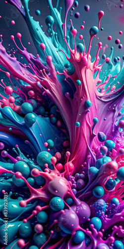 A vibrant splash of 3D pink, purple, and turquoise paint. The dynamic and fluid motion creates a mesmerizing texture that captures the essence of liquid movement and color blending. © Elizaveta