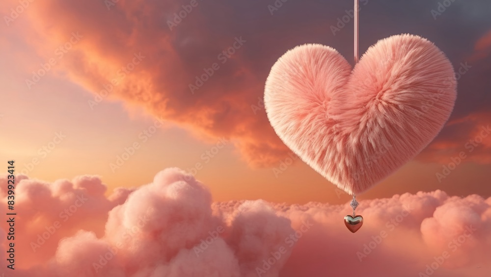 Fototapeta premium pink heart in the sky romance with a 3D render featuring a peach fuzzy heart over fluffy peach clouds.