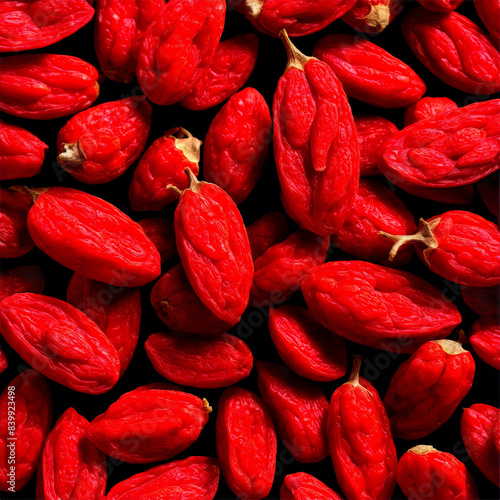 Dried goji berries bright red with a subtle sheen dancing vivaciously as if celebrating life photo