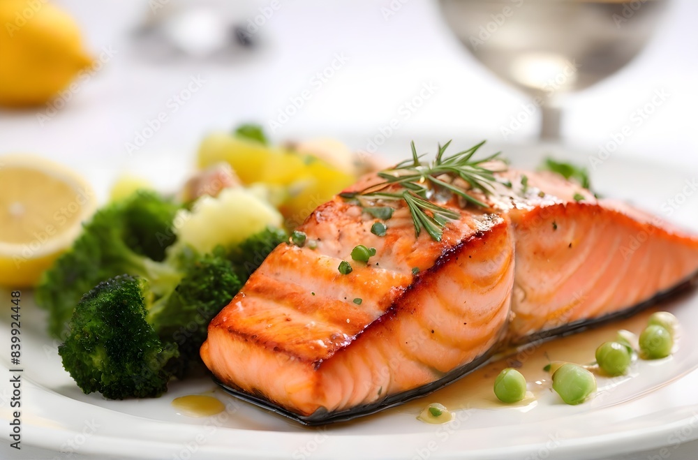 Delicious salmon grilled fish with vegetable close up food photography, fish meat steak with sauce healthy seafood in restaurant with white background. Delicious salmon grilled fish with vegetable close up food photography, fish meat steak with sauce healthy seafood in restaurant with white background.