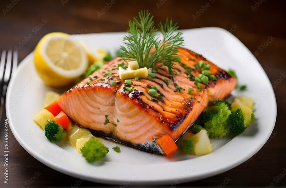 Delicious salmon grilled fish with vegetable close up food photography, fish meat steak with sauce healthy seafood in restaurant with white background. Delicious salmon grilled fish with vegetable close up food photography, fish meat steak with sauce healthy seafood in restaurant with white background.