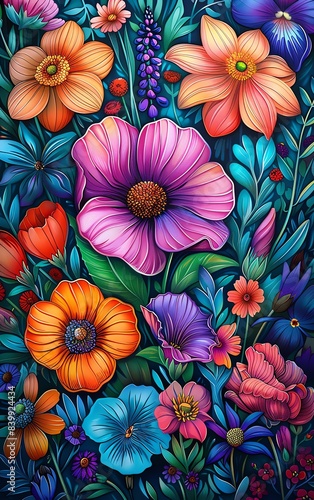 Exquisite multicolored flowers, blooming in a garden, coloring book cover, vivid shades, detailed illustrations, Midjourney design