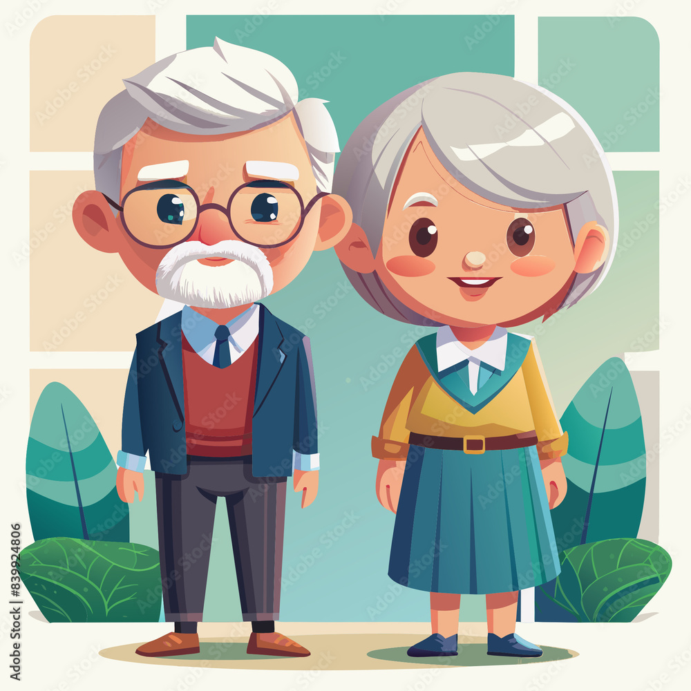 A cartoon depiction of an elderly couple, showcasing a woman and a man with gray hair, dressed casually. The image captures the warmth and affection of old age. A cartoon depiction of an elderly couple, showcasing a woman and a man with gray hair, dressed casually. The image captures the warmth and affection of old age.