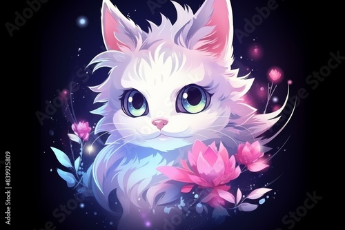 Eyecatching anime cat illustration for tshirts, featuring a beautiful face, perfect for graphic design projects.