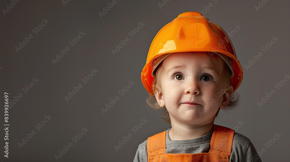 Young child wearing a bright orange hard hat. The child is smiling and looking at the camera Young child wearing a bright orange hard hat. The child is smiling and looking at the camera