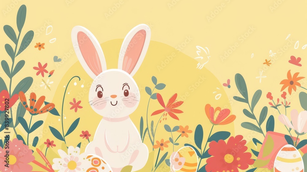 Cute Easter bunny surrounded by flowers and eggs
