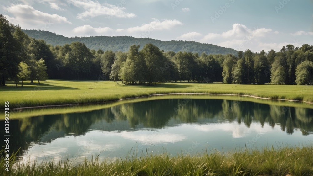 Beautiful lake view with green grass and trees and clear sky Beautiful lake view with green grass and trees and clear sky