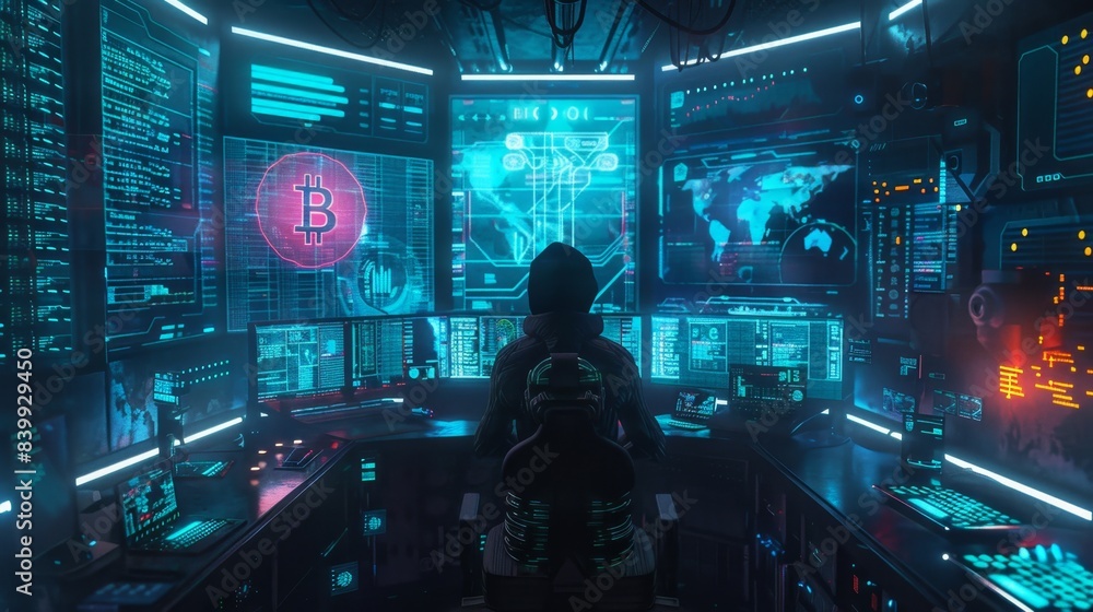 A cyberpunk-inspired scene of a hacker surrounded by holographic displays, trading cryptocurrencies in a dimly lit room, depicting the high-stakes world of digital investment and the risks of A cyberpunk-inspired scene of a hacker surrounded by holographic displays, trading cryptocurrencies in a dimly lit room, depicting the high-stakes world of digital investment and the risks of