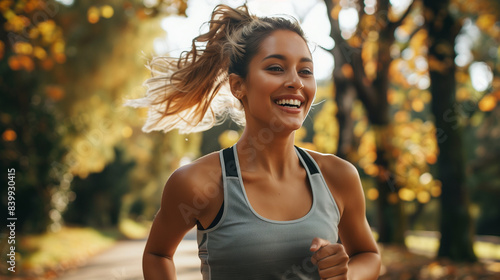 Portrait of smilling young woman running in the city park in the early morning. Fitness, sport city and healthy lifestyle concept. Young happy sportswoman jogging in nature. Generative AI.