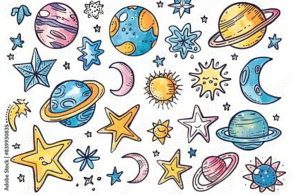 Cartoon cute doodles of celestial elements like stars, moons, and planets, Generative AI Cartoon cute doodles of celestial elements like stars, moons, and planets, Generative AI