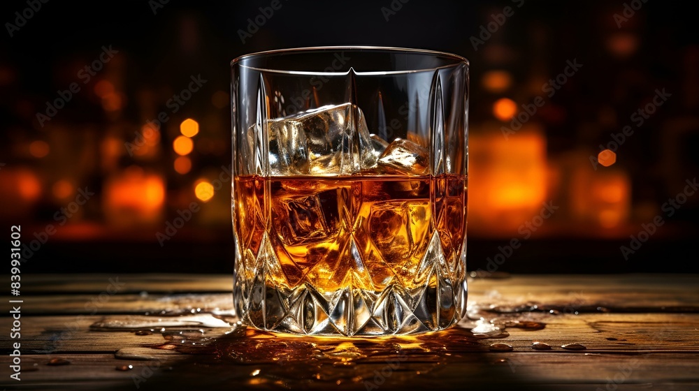 filled with whiskey and ice placed on a table. filled with whiskey and ice placed on a table.