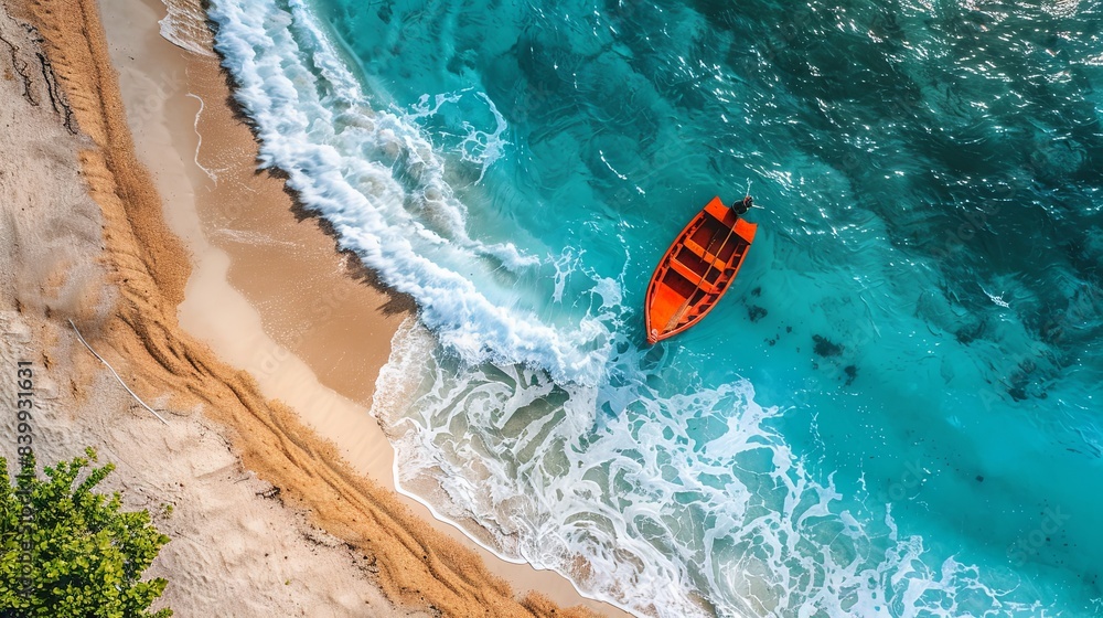 Naklejka premium Wave and boat on the beach as a background. Beach and waves from top view. Turquoise water background from top view. Top view from drone. Travel - image