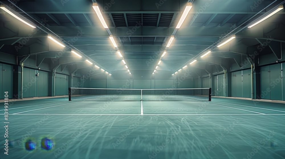 A tennis court with a blue background and a green plant in the foreground. The court is empty and the only person visible is holding a tennis ball A tennis court with a blue background and a green plant in the foreground. The court is empty and the only person visible is holding a tennis ball