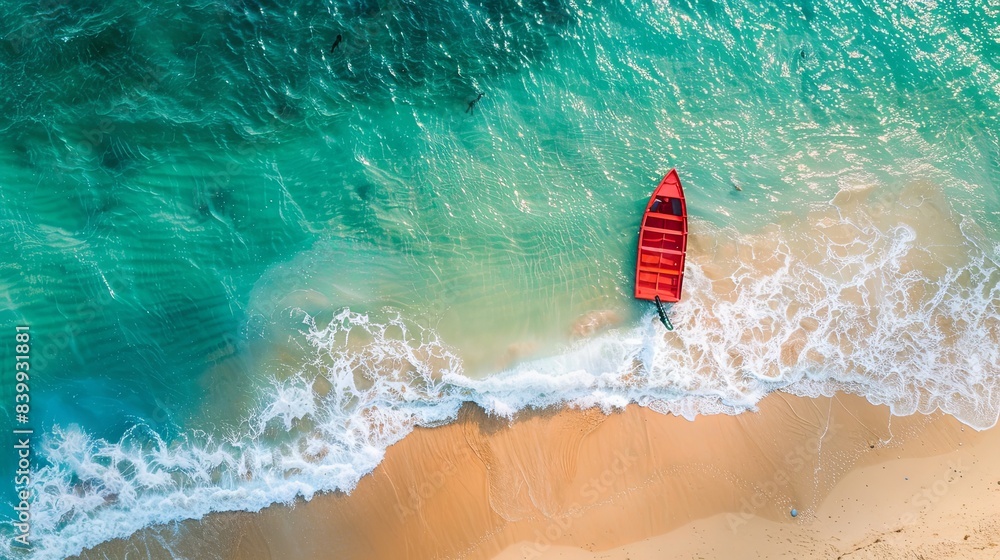 Fototapeta premium Wave and boat on the beach as a background. Beach and waves from top view. Turquoise water background from top view. Top view from drone. Travel - image