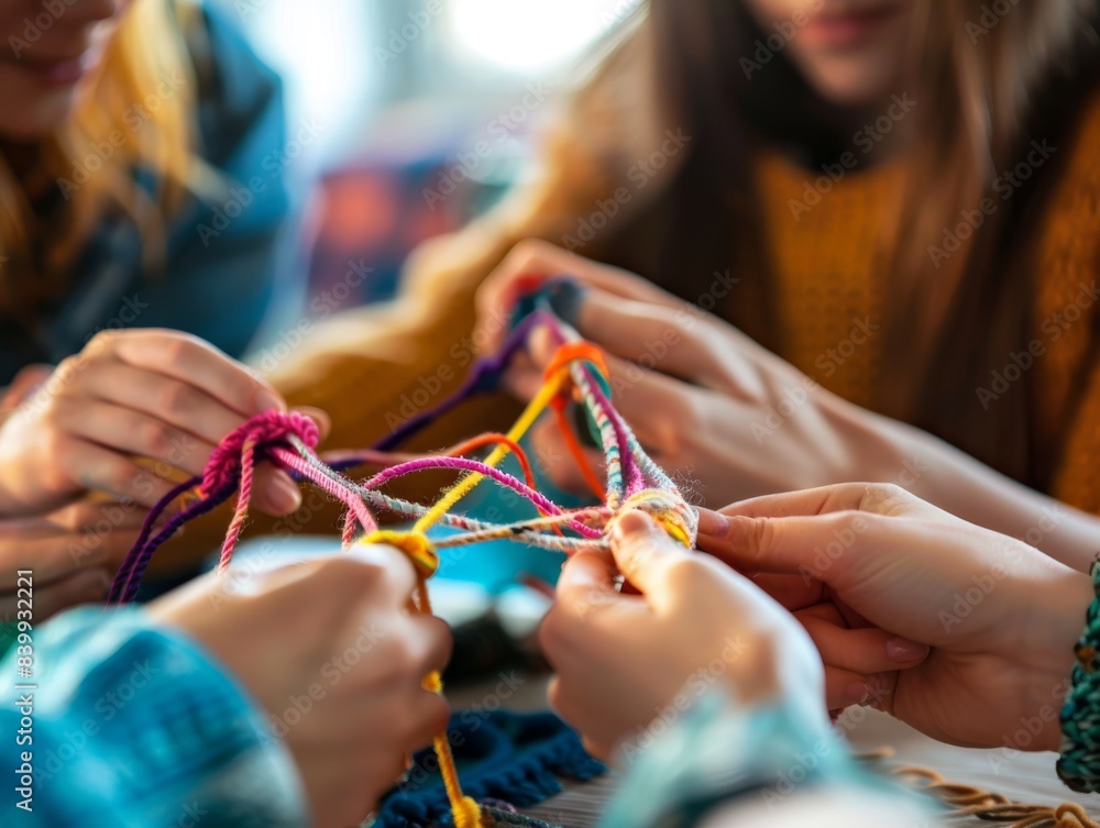 Close-up of friends doing a yarn craft project together. A creative and fun group activity. Hands intertwining colorful threads. Close-up of friends doing a yarn craft project together. A creative and fun group activity. Hands intertwining colorful threads.
