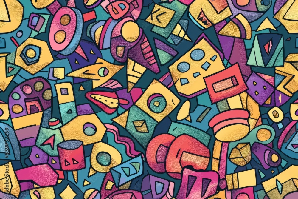 Cartoon cute doodles of geometric shapes arranged in a mesmerizing tessellation, Generative AI Cartoon cute doodles of geometric shapes arranged in a mesmerizing tessellation, Generative AI