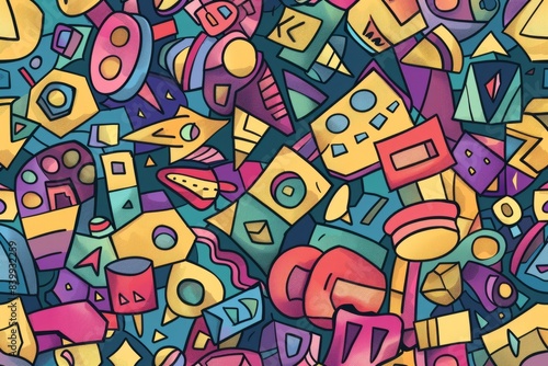 Cartoon cute doodles of geometric shapes arranged in a mesmerizing tessellation, Generative AI