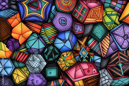Cartoon cute doodles of geometric shapes arranged in a mesmerizing tessellation, Generative AI