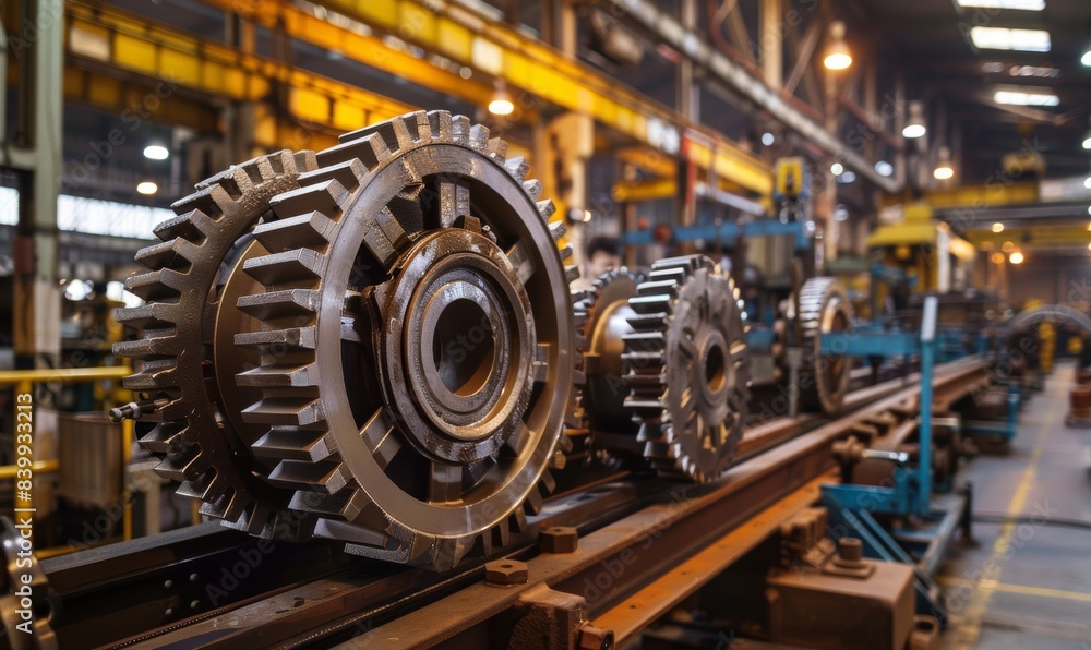 Industrial machinery with large cogs and gears in a factory Industrial machinery with large cogs and gears in a factory