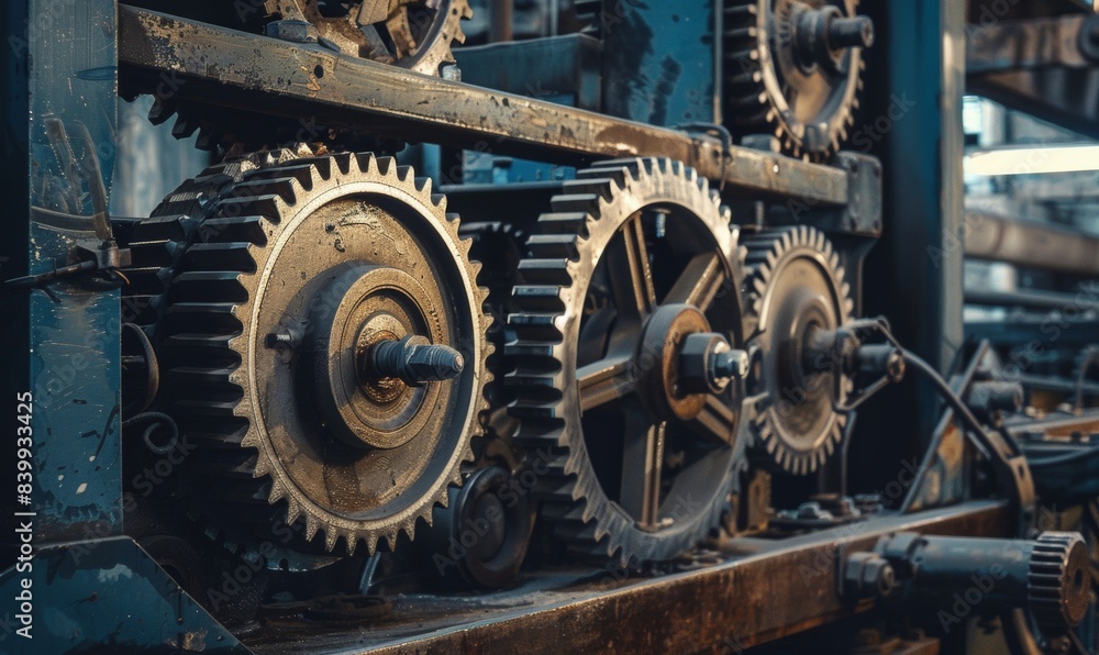 Industrial machinery with large cogs and gears in a factory Industrial machinery with large cogs and gears in a factory