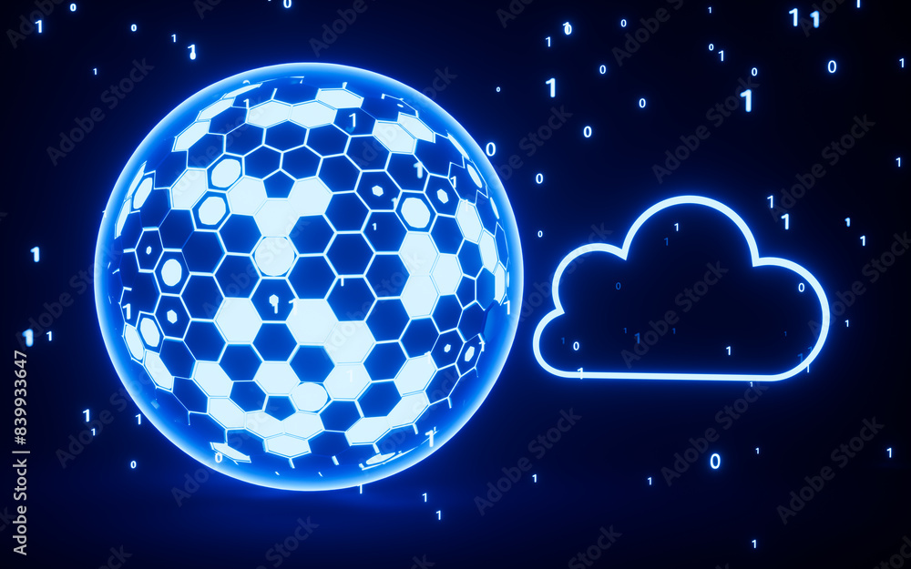 Naklejka premium Abstract glowing sphere, cloud computing and binary system concept, 3d rendering.