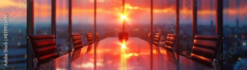 A group of chairs are arranged in a conference room with a large window in the background. The sun is setting, casting a warm glow on the room. The chairs are empty
