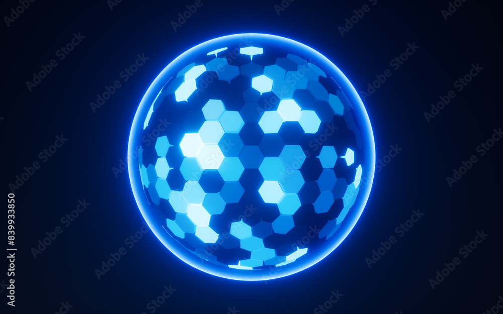 Abstract hexagonal sphere, neon glowing sphere, 3d rendering. Abstract hexagonal sphere, neon glowing sphere, 3d rendering.