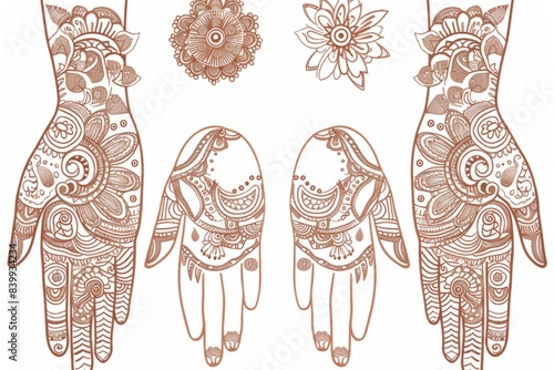 Cartoon cute doodles of intricate mehndi designs adorning hands and feet, Generative A