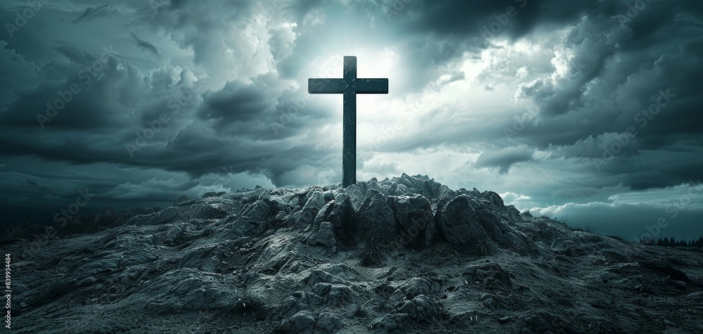 Dramatic solitary cross on rocky hill under stormy sky, symbolizing faith, spirituality, and serenity in a powerful landscape setting. Dramatic solitary cross on rocky hill under stormy sky, symbolizing faith, spirituality, and serenity in a powerful landscape setting.