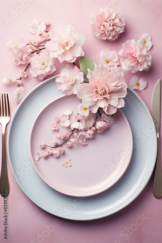 A white plate with a pink background and a pink flower on it