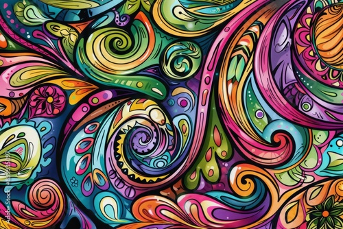 Cartoon cute doodles of paisley motifs swirling in vibrant colors, Generative AI