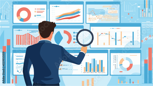 Market research, marketing or advertising survey to launch products, competitors research or social media report marketing report concept, business people look at magnified market data chart