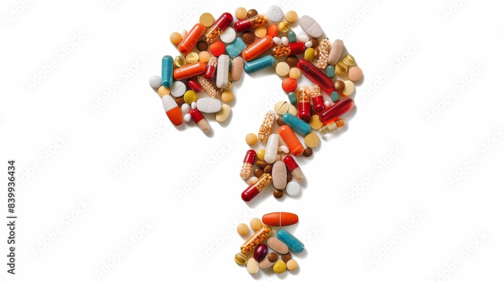 3D rendered vector illustration of a question mark made of pastel color pills and tablets on a white background 3D rendered vector illustration of a question mark made of pastel color pills and tablets on a white background