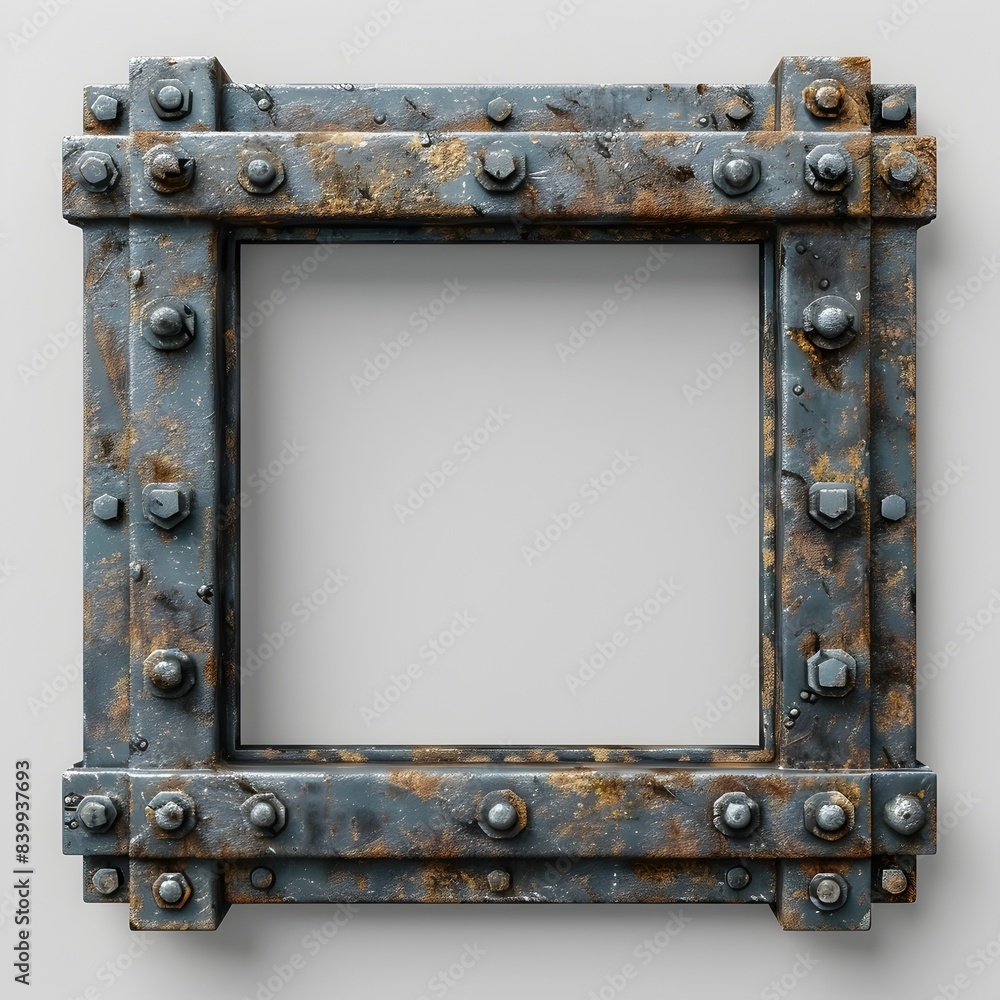 Rugged Industrial Style Metal Frame with Exposed Bolts on Plain Background Rugged Industrial Style Metal Frame with Exposed Bolts on Plain Background