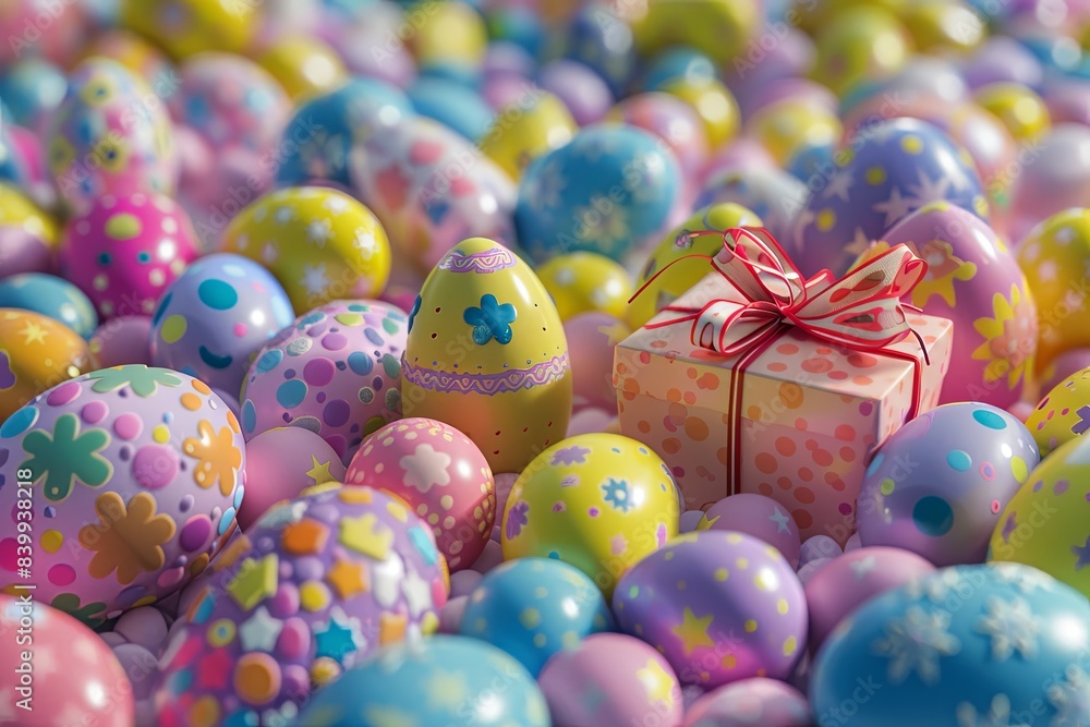 Vivid 3D cartoon-like Easter eggs and delightful small gifts arranged in a colorful and dreamy scene, radiating fun and beauty Vivid 3D cartoon-like Easter eggs and delightful small gifts arranged in a colorful and dreamy scene, radiating fun and beauty