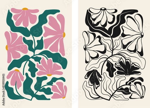 Two abstract floral posters. Black and white and color illustration in trendy naive retro hippie style 60s 70s. Modern poster and background.