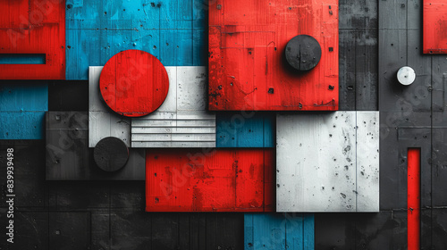 Geometric background with circles and squares in red, blue, black and white.