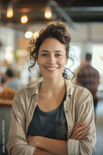 Woman standing with arms crossed smiling
