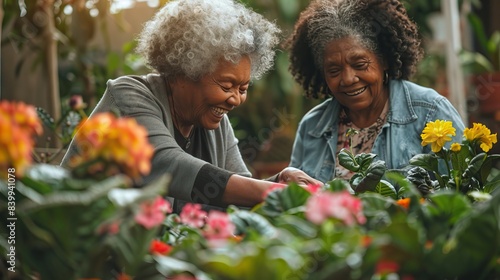 Two elderly women enjoying a gardening activity together, surrounded by colorful flowers in a warm, sunny greenhouse.