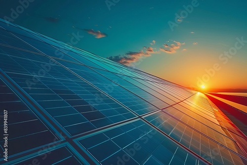 The image shows a large solar farm with the sun setting in the background