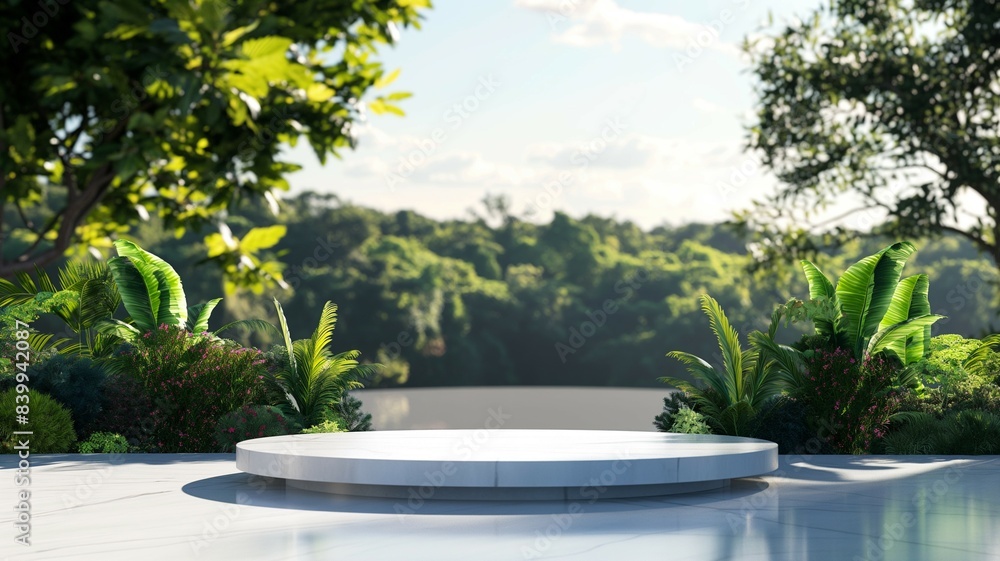 Podium mockup, forest landscape with blue sky and clouds, product display podium 3d render Podium mockup, forest landscape with blue sky and clouds, product display podium 3d render