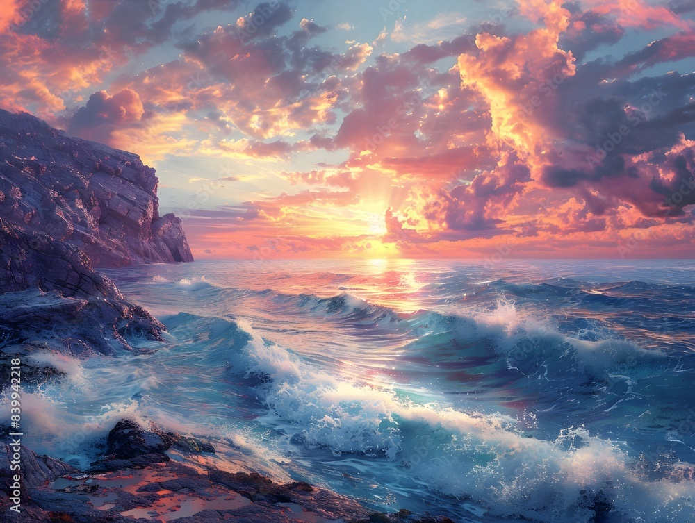 Fototapeta premium Dramatic Rocky Coastline with Crashing Waves and Vibrant Sunset Seascape