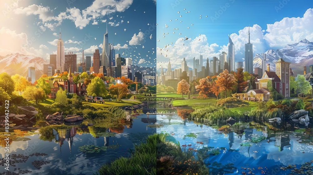 Fototapeta premium A stunning cityscape blending nature and modern architecture, showcasing seasonal changes from winter to summer in a vibrant, serene environment.