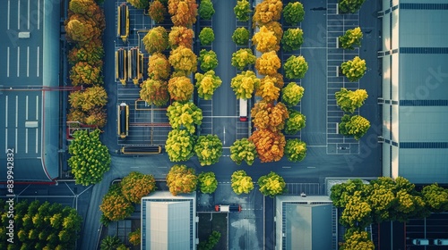 Aerial view of urban parking lot with greenery and a central bus