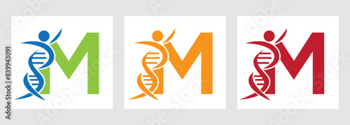 Letter M DNA Logo With Human Symbol. DNA Cell Icon. Health Care Sign
